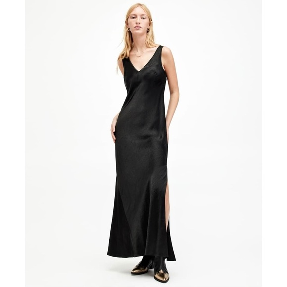 All Saints Amos Black Satin V-Neck Sleeveless Side Slit Evening Maxi Dress sz S - Picture 1 of 11